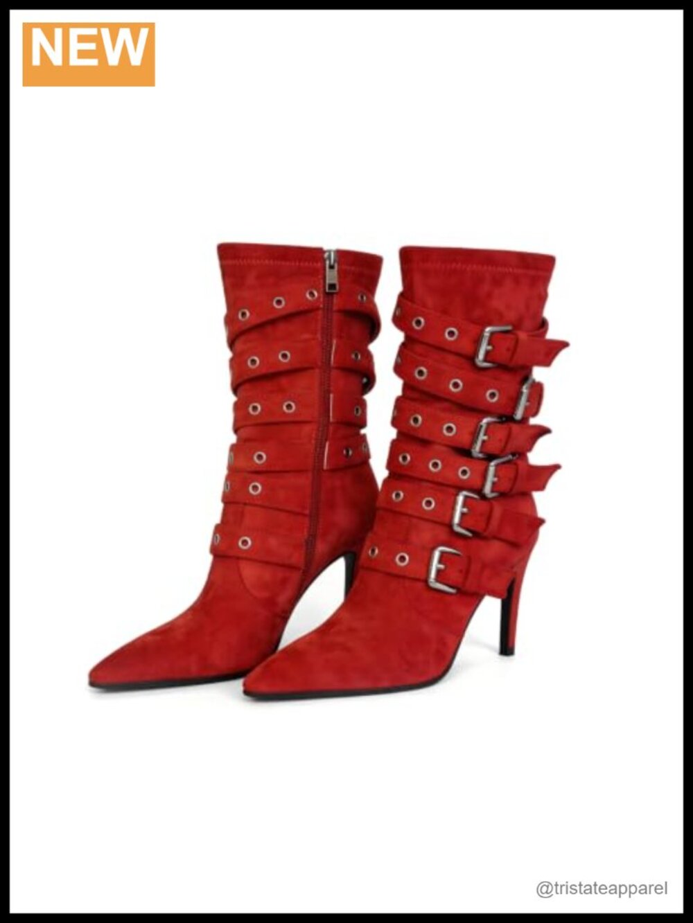 Women's Pointed Toe Stiletto Heel Mid Calf Boots with Buckle Straps